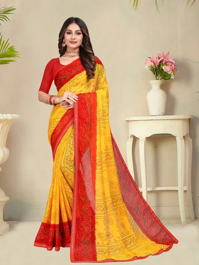 Georgette Printed Saree for Women (Red, 6.3 m)