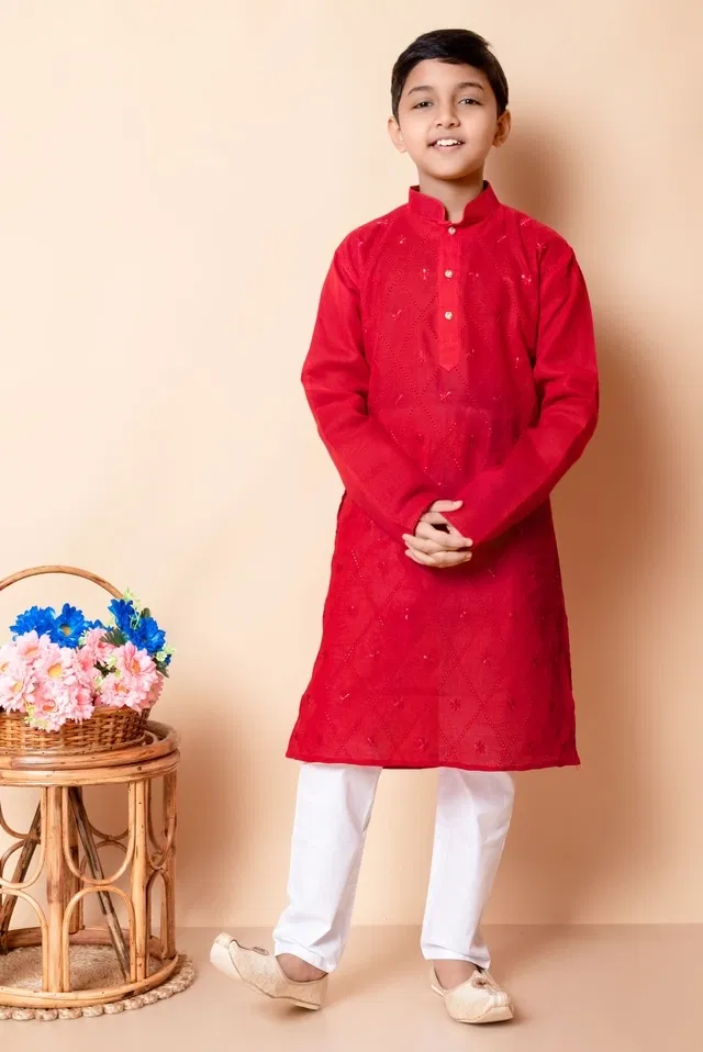 Cotton Blend Printed Kurta with Payjama for Boys, Red & White (2-3 Years)