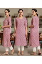 Cotton Blend Printed Kurti for Women, Pink 