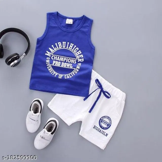 Hosiery Cotton Clothing Set for Boys (Blue & White, 3-6 Months)