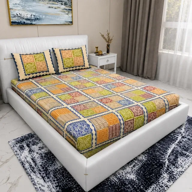 Jaipuri Cotton Double Bedsheet with 2 Pillow Covers | 80x90 Inch | Check Block Print | Traditional Rajasthani Print