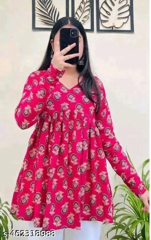 Rayon Printed Short Kurti for Women, Pink (XL)