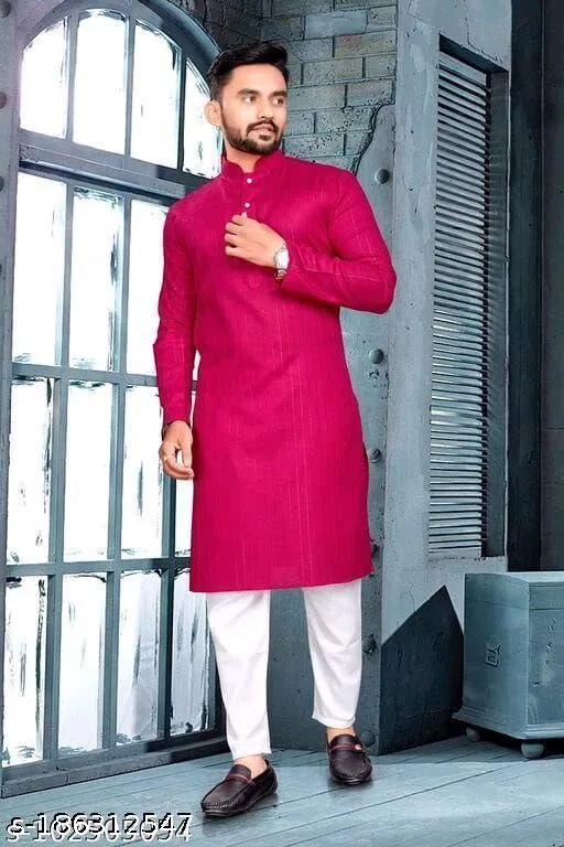 Mandarin Neck Kurta for Men (Pink, XXL)