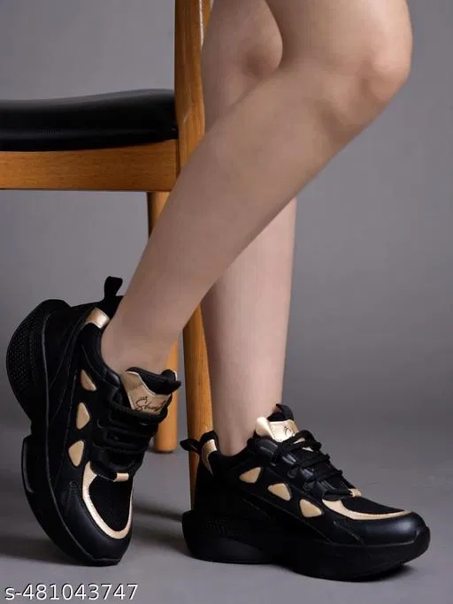 Solid Mesh Sneakers for Women (Black, IND-8)