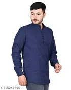 Cotton Blend Solid Short Kurta for Men, Navy Blue 
