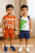 Hosiery Cotton Printed Clothing Set for Kids, Multicolor, Pack of 2 