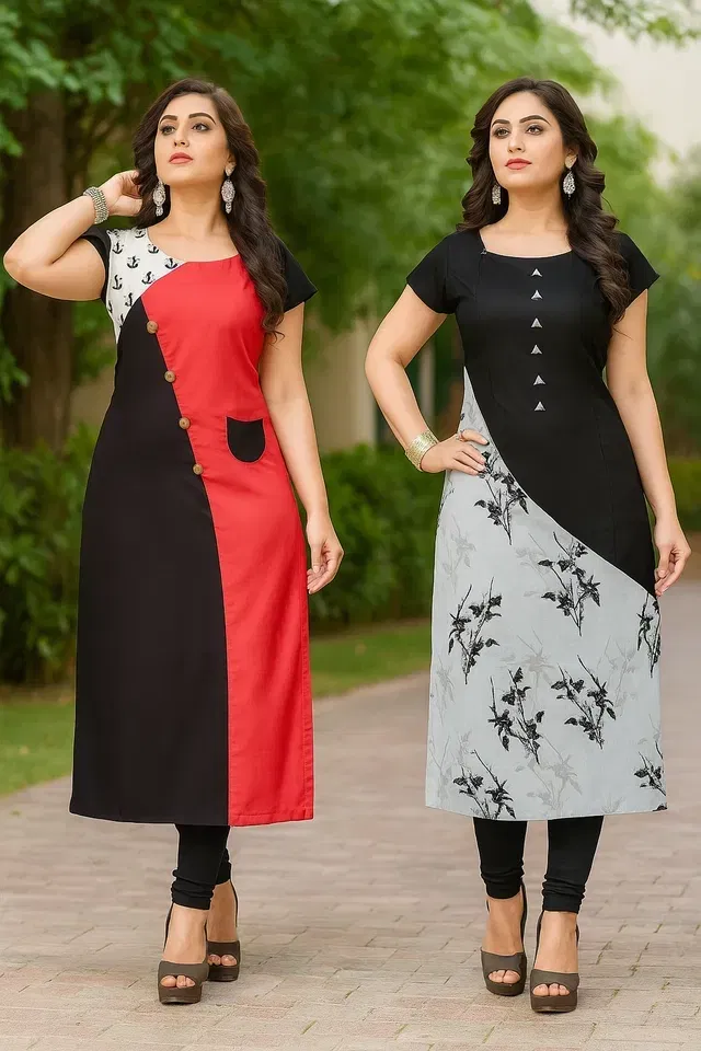 Crepe Printed Kurti for Women (Multicolor, XXL) (Pack of 2)
