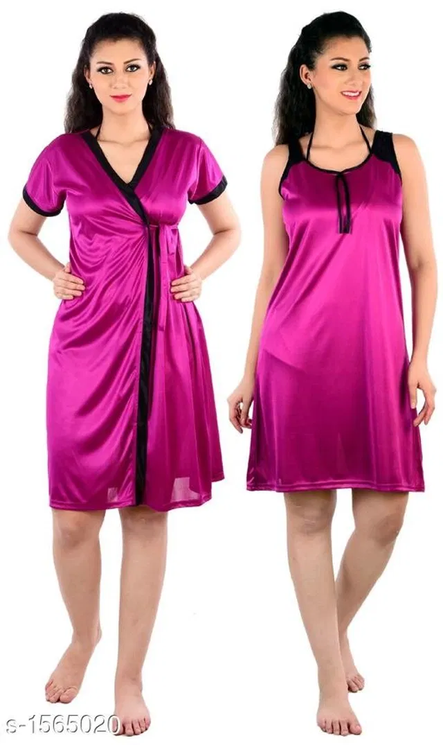 Satin Nightdress Set for Women (Purple, M)