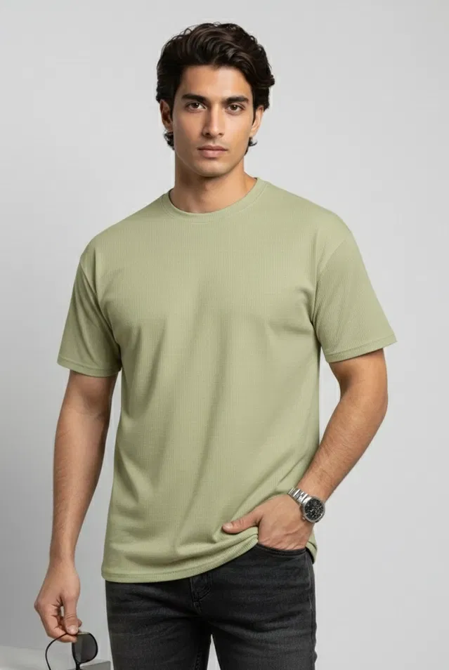 Polyester Round Neck T-shirt for Men, Green (M)
