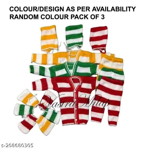 Woolen Clothing Set for Kids (Multicolor, 0-3 Months) (Set of 3)