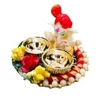 Metal Decorative Ganpati Haldi Kumkum Stand with 2 Roli Chawal Holder, Multicolor