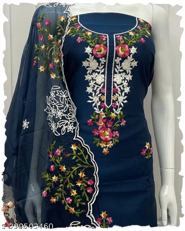 Embroidered Unstitched Suit for Women (Navy Blue, 2.25 m)