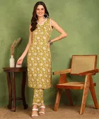 Rayon Printed Kurti with Pant for Women (Mustard, S)
