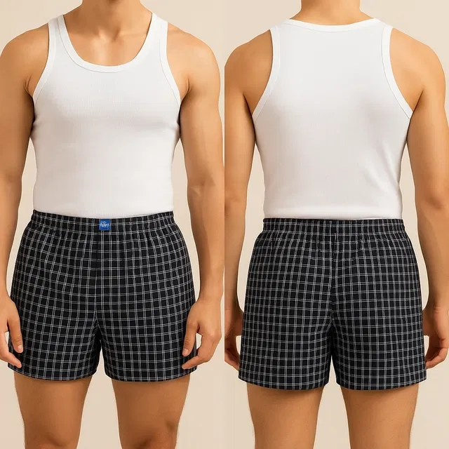 Polycotton Checkered Boxers for Men (Black, L)