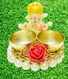 Metal Decorative Ganpati Haldi Kumkum Stand with 2 Roli Chawal Holder, Multicolor