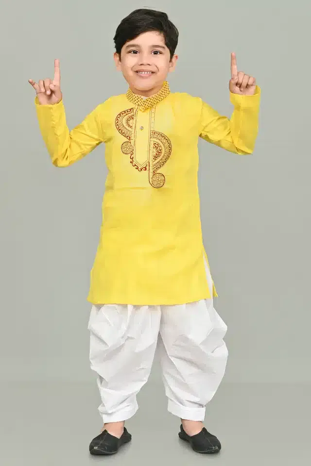 Cotton Embroidered Kurta with Patiyala Set for Boys (Yellow & White, 4-5 Years)