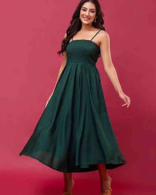 Poly Crepe Solid Dress for Women (Bottle Green, S)
