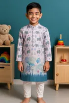 Cotton Blend Printed Kurta with Payjama for Boys, Teal & White 