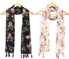 Cotton Blend Printed Scarves for Women, Black & Off White Pack of 2