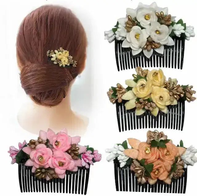 Acrylic Comb & Cloth Flower Hair Clip (Set of 4, Multicolor)