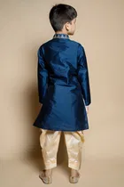 Dupion Silk Embroidery Kurta with Dhoti for Boys, Navy Blue & White 