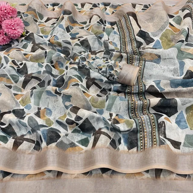 Linen Printed Saree for Women, Multicolor (6.3 m)