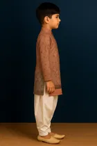 Cotton Blend Printed Kurta with Dhoti for Boys, Brown & White 