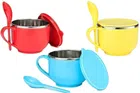 Inner Steel Microwave Safe Noodles, Soup Bowl with Spoon & Lid (Multicolor, Set of 3)