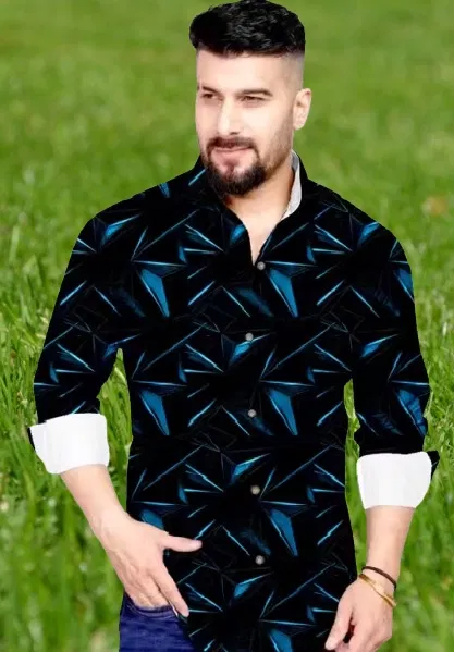 Lycra Printed Shirt For Men, Blue (XL)