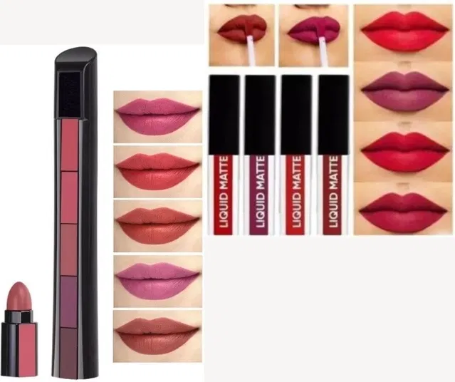 Combo of 5-in-1 Matte & 4 Pcs Liquid Waterproof Mini Lipsticks (Multicolor, Set of 5)