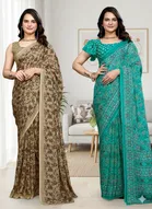 Georgette Printed Saree for Women, Multicolor, Pack of 2 