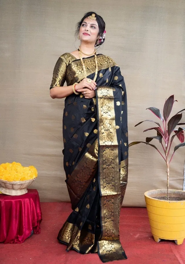 Silk Woven Design Saree for Women, Black (6.3 m)
