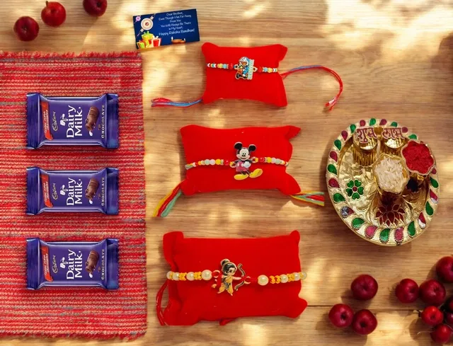 Combo of 3 Pcs Rakhi, 4.5 inch Plate, Greeting Card, Roli Chawal & 3 Pcs Chocolate (Multicolor, Set of 1)