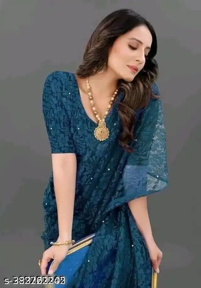 Net Saree for Women (Teal, 6.3 m)