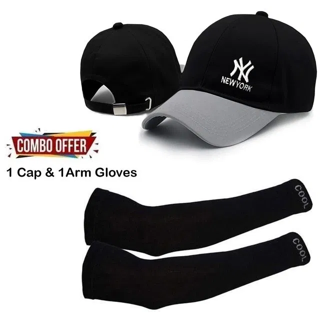 Printed Caps with Arm Sleeves for Men , Set of 2 (Black, Free Size)