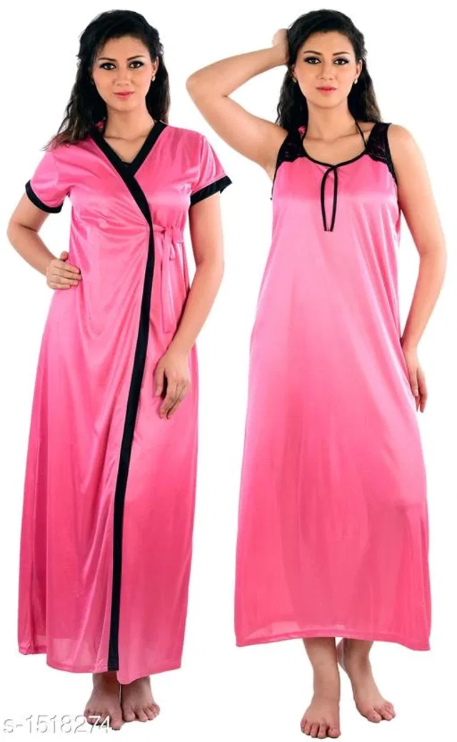 Satin Nightdress Set for Women (Pink, Free Size)