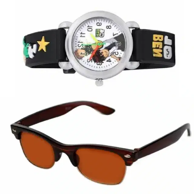 UV Protected Sunglass with Analog Watch for Boys & Girls (Brown & Black, Set of 2)