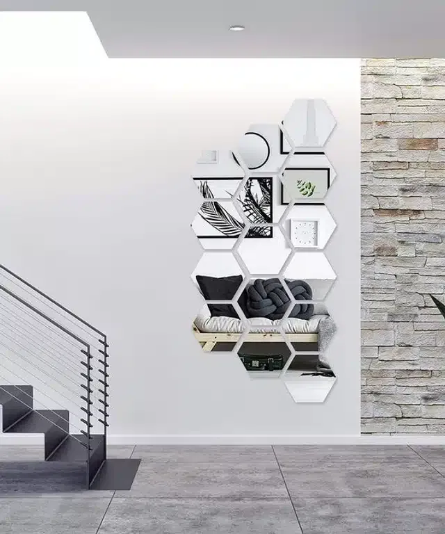 Acrylic Hexagon Shaped Wall Mirror Stickers (Silver, Pack of 15)