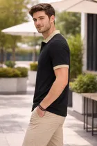 Casual Wear Polo Neck Cotton Blend T-Shirt for Men, Black 