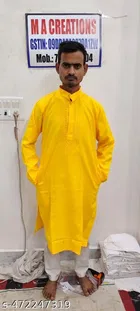 Cotton Blend Solid Kurta Set for Men, Yellow & White 