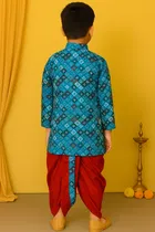 Cotton Printed Kurta with Dhoti for Boys, Blue & Red 
