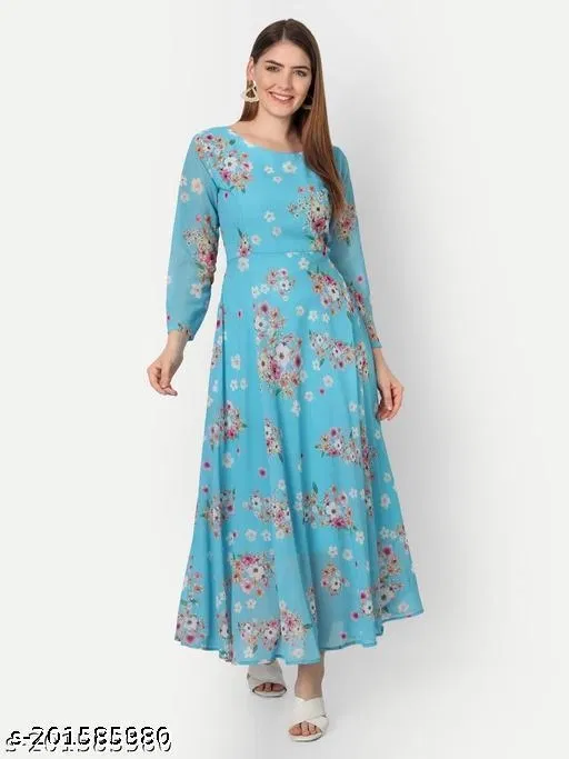 Floral Printed Anarkali Kurti for Women (Blue, M)