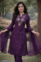 Floral Embroidered Cotton Blend Kurta Pant With Dupatta Set for Women 