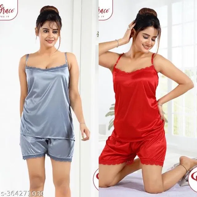 Satin Nightsuit for Women (Grey & Red, M) (Pack of 2)