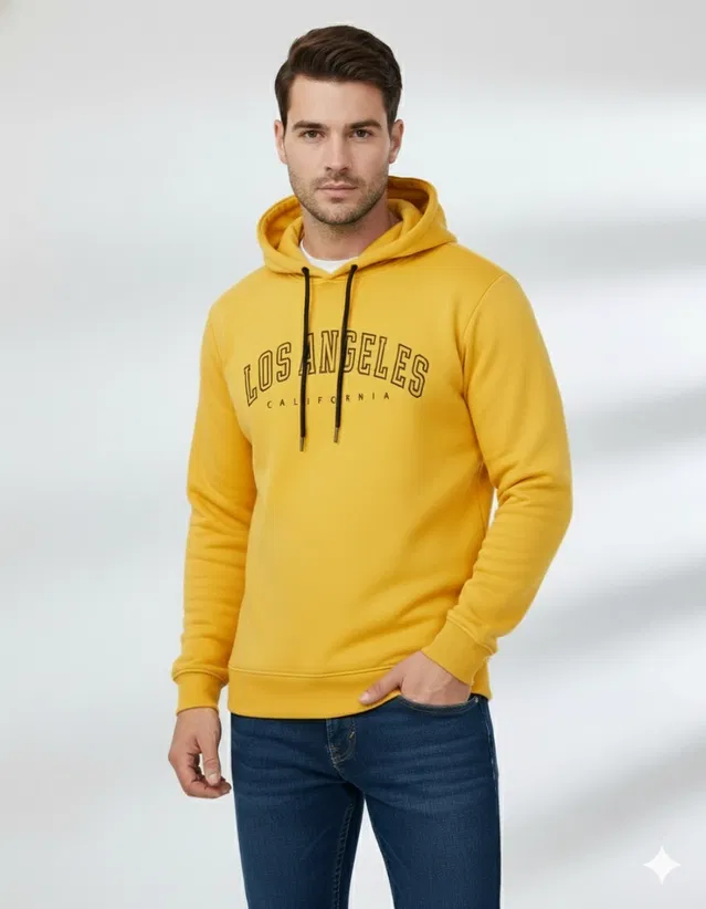 Fleece Printed Hoodie for Men, Yellow (M)