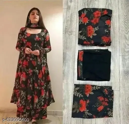 Printed Georgette Kurta Set for Women (Black, M)