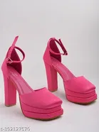 [247] Pink Solid Square Toe Block Sandals for Women 