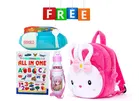 Combo of Fabric School Bag, Water Bottle, Lunch Box with All in One Book for Kids 