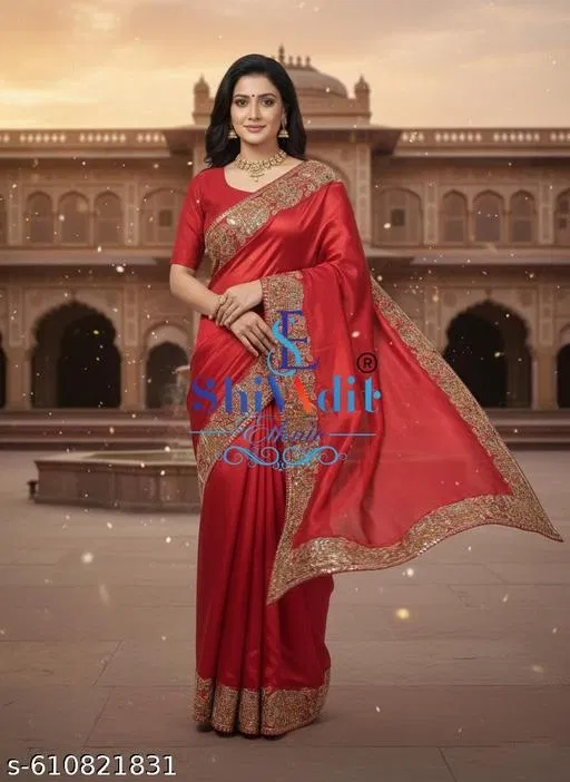 Chinnon Solid Saree for Women, Red (6.3 m)