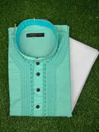 Cotton Blend Embroidered Kurta with Pyjama for Men, Sea Green & White 